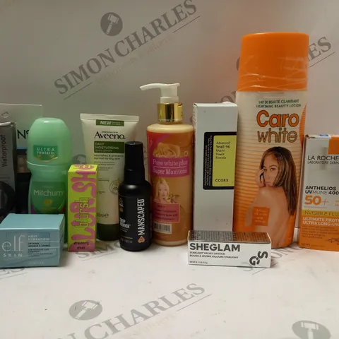 BOX OF APPROX 10 ASSORTED BEAUTY PRODUCTS TO INCLUDE AVEENO BODY LOTION, SHEGLAM VELVET LIPSTICK #BEACH BABE, E.L.F LIP MASK, ETC