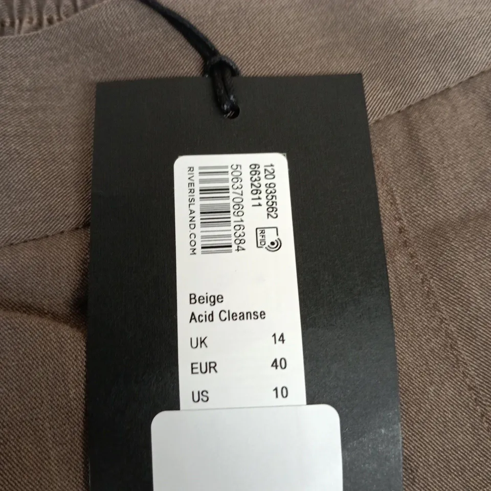RIVER ISLAND STUDIOS SOMEWHERE TO GO BEIGE ACID CLEANSE TROUSERS, UK 14