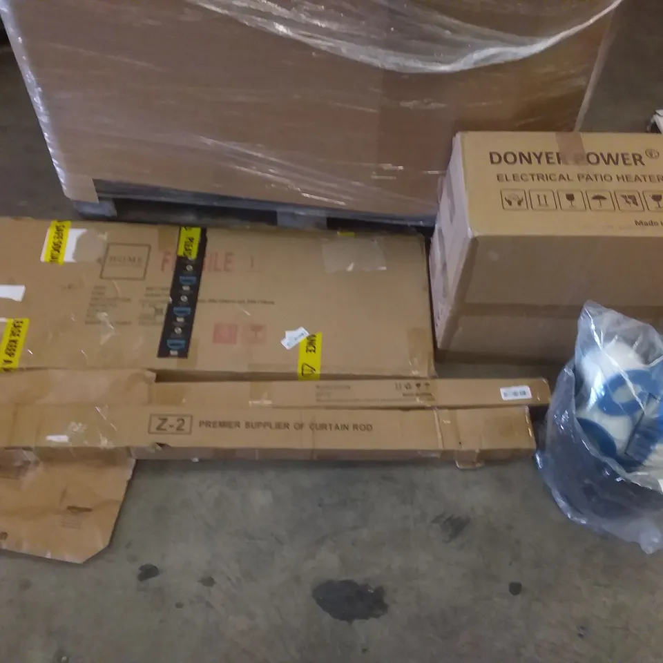 PALLET OF ASSORTED ITEMS INCLUDING ACCSTORE DRYING RACK, MOSQUITO KILLER, PAXCESS PRESSURE WASHER, ANGELSHIELD TOILET SEAT, DONYER POWER ELECTRICAL PATIO HEATER, ROLLER BLINDS, AIFEEL STAND MIXER 