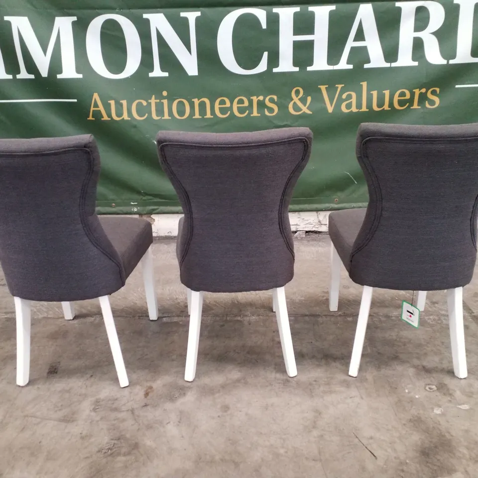 SET OF 3 BEWLEY SLATE FABRIC BUTTON BACK DINING CHAIRS (WHITE LEGS)