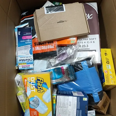 BOX OF APPROXIMATELY 20 ASSORTED ITEMS INCLUDING FLASH DUST MAGNET , GLADE DIFFUSER AND KLEENAX ULTRA SOFT TISSUES