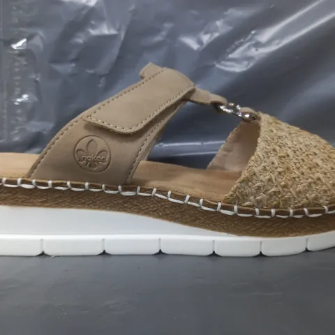 BOXED PAIR OF RIEKER SLIP-ON WEDGE SANDALS IN BEIGE SIZE 6.5
