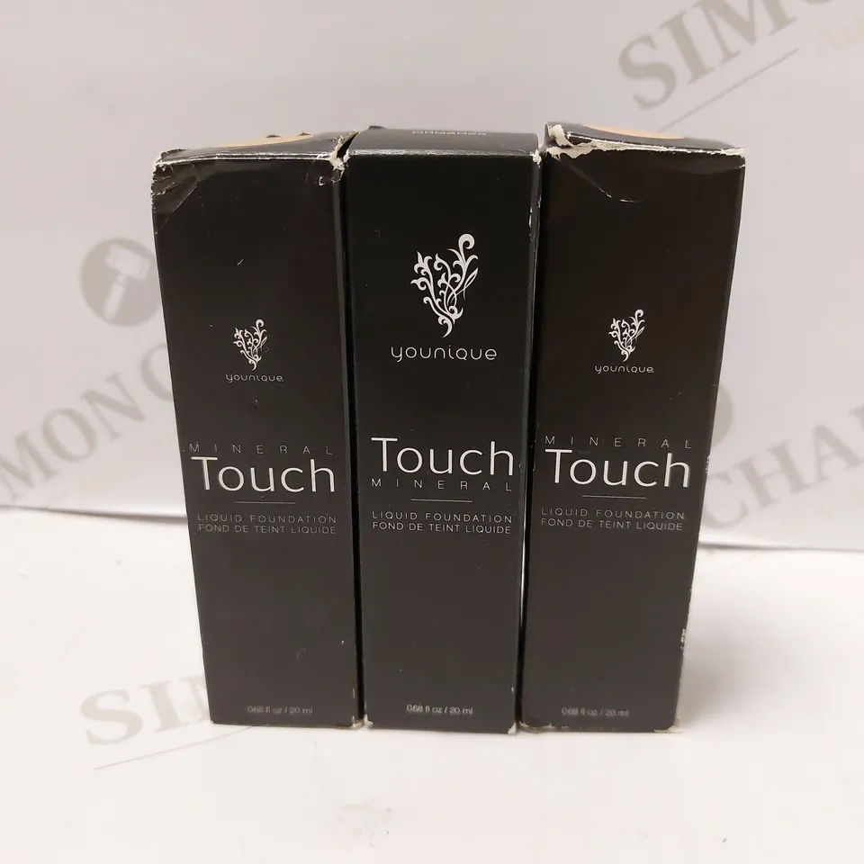 LOT OF 3 X 20ML ASSORTED YOUNIQUE TOUCH MINERAL LIQUID FOUNDATIONS TO INCLUDE 2 X ORGANZA & 1 X TAFFETA 