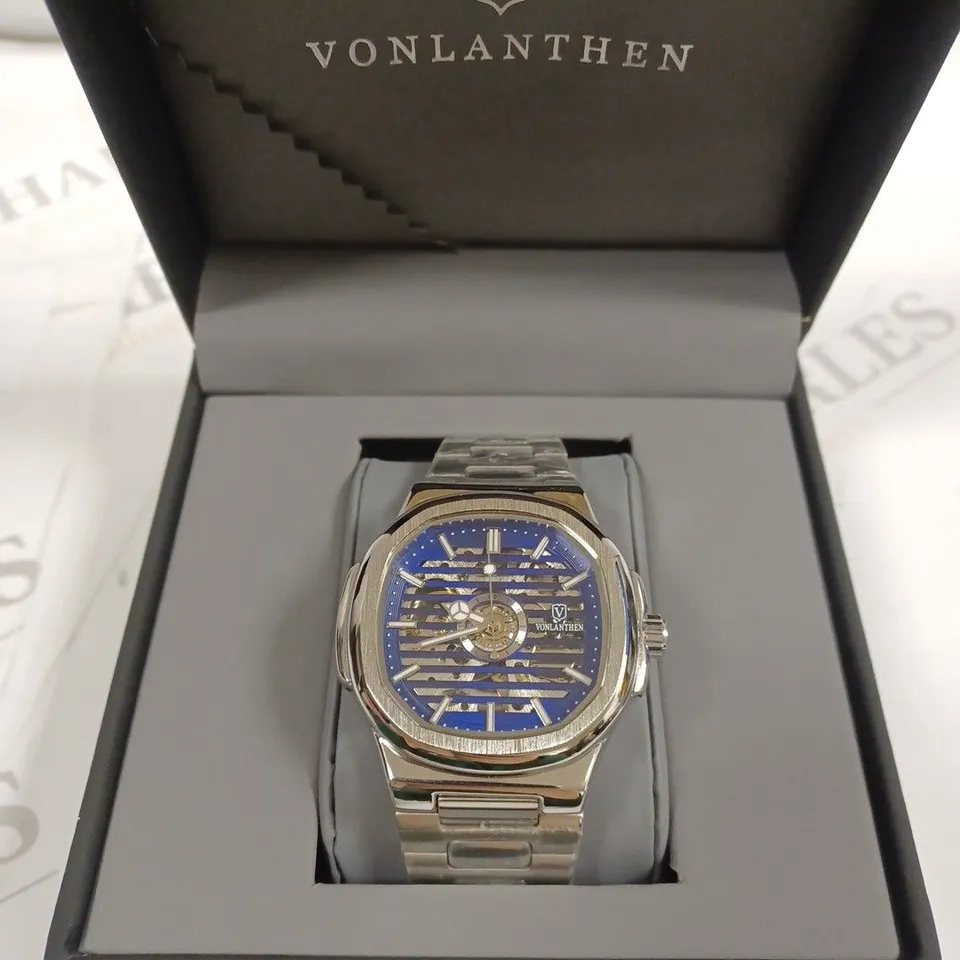 VONLANTHEN MEN'S AUTOMATIC BLUE PART SKELETON DIAL BRACELET STRAP WRISTWATCH 