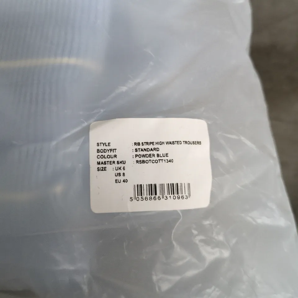 BAGGED REASON RIB STRIPE HIGH WAISTED TROUSERS – POWDER BLUE, UK 6 