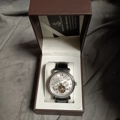 BOXED SAMUEL JOSEPH AUTOMATIC LIMITED EDITION SILVER WATCH WITH WHITE FACE