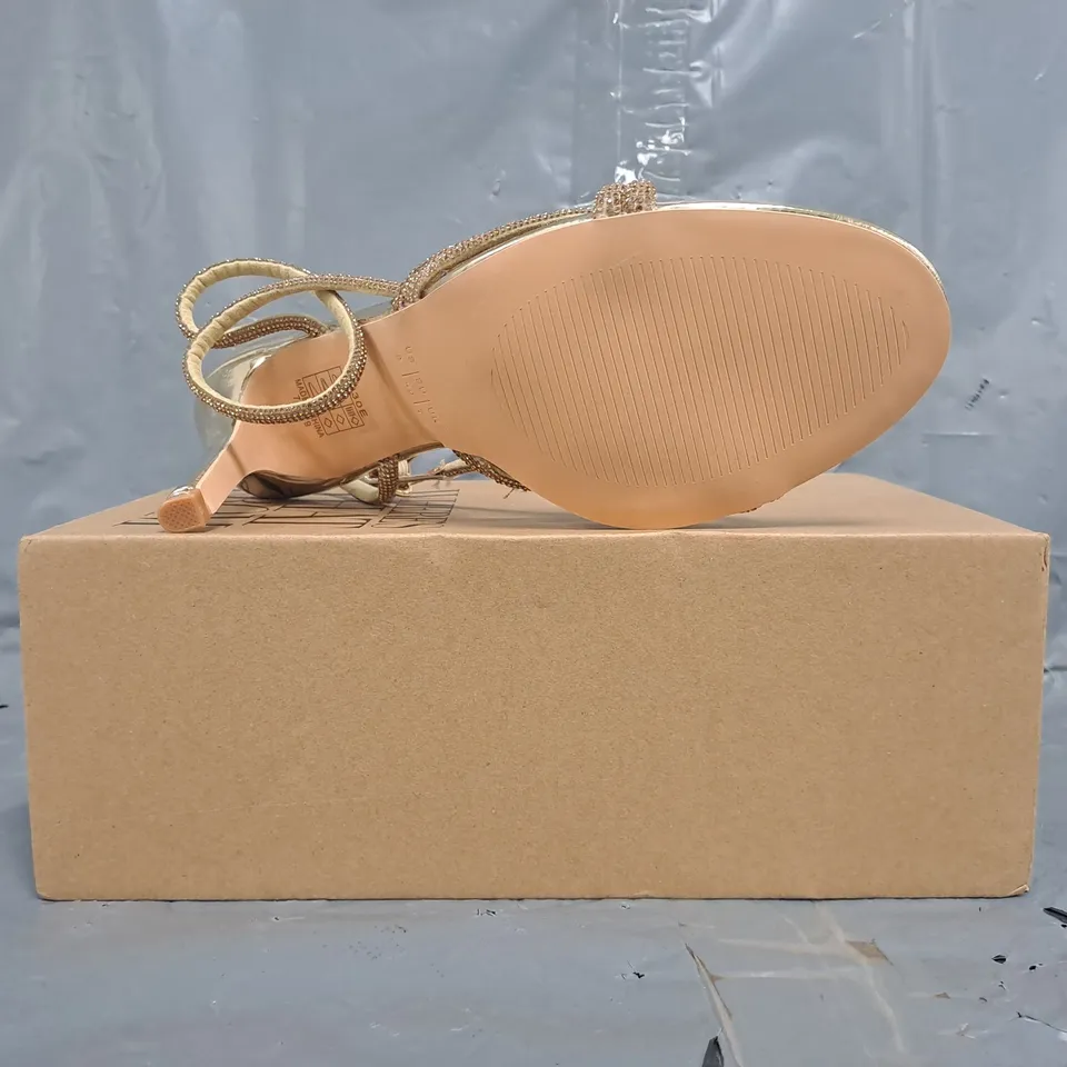 BOXED PAIR OF WHERE'S THAT FROM OPEN TOE STILETTO HEEL SANDAL IN METALLIC GOLD SIZE UK 7