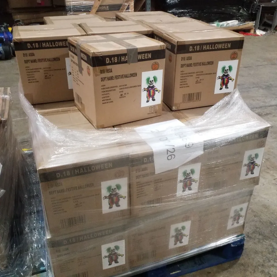 PALLET CONTAINING APPROXIMATELY 31 BOXES OF 6 BRAND NEW ANIMATED RAINBOW CREEPY CLOWNS