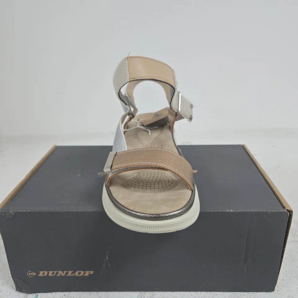 DUNLOP WOMEN'S SANDALS WITH METALLIC SILVER & TAN STRAPS SIZE 41 BOXED