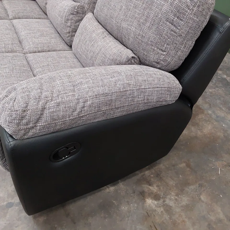 DESIGNER MANUAL RECLINING THREE SEATER SOFA BLACK FAUX LEATHER & GREY FABRIC 