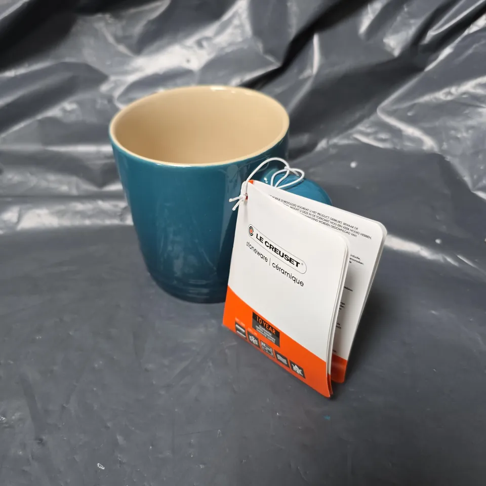 SET OF 4 STONEWARE MUGS IN DEEP TEAL. LE CREUSET