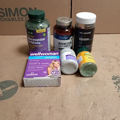 TOTE OF APPROXIMATELY 20 ASSORTED HEALTH/VITAMIN RELATED ITEMS TO INCLUDE WELLWOMAN ORIGINAL, BOOTS FOLIC ACID, HOLLAND AND BARRETT VITAMIN D3, WELL SQUARED ENERGISE, MAGNESIUM 6 IN 1 ETC