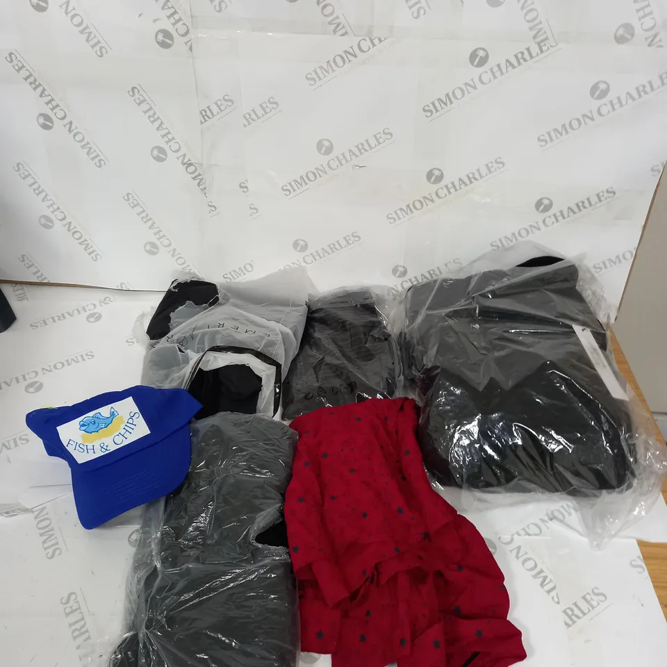 LARGE BOX OF ASSORTED CLOTHING ITEMS IN VARIOUS COLOURS AND SIZES INCLUDING TROUSERS , TOPS AND JUMPERS 