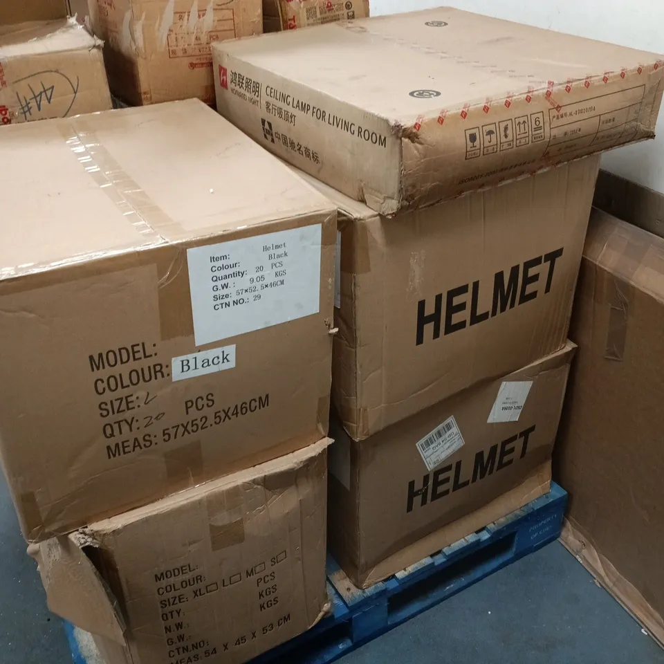 PALLET OF APROXIMATELY 15 BOXES OF ASSORTED HOUSEHOLD GOODS TO INCLUDE BICYCLE HELMETS, BABY CUP LIDS AND BABY CLEANING KITS