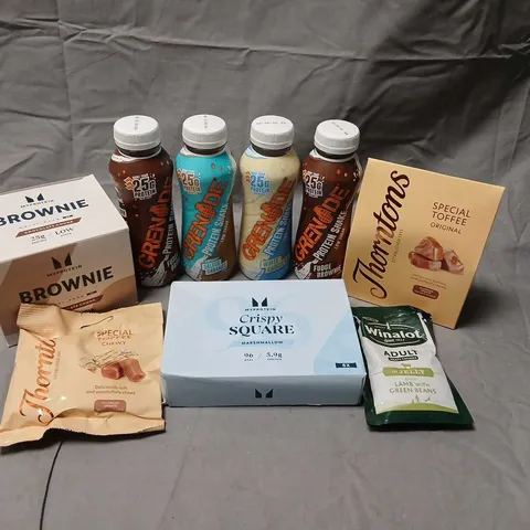 THIRTEEN ASSORTED PRODUCTS TO INCLUDE; MY PROTEIN BROWNIE, THORNTONS SPECIAL TOFFEE, GRENADE PROTEIN SHAKES AND WINALOT POUCH