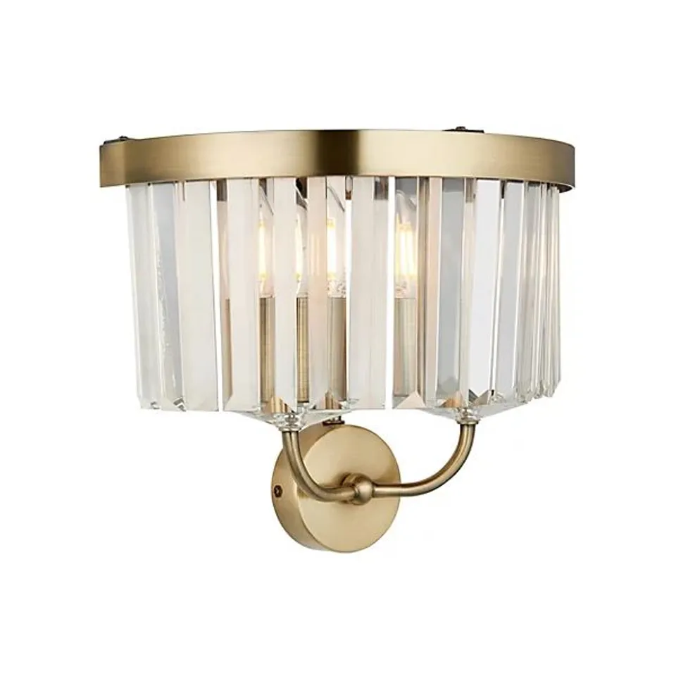 BOXED LUMINOSA ASCOLI WALL LAMP ANTIQUE BRASS PLATE & CLEAR CUT GLASS 2 X 6W LED E14
