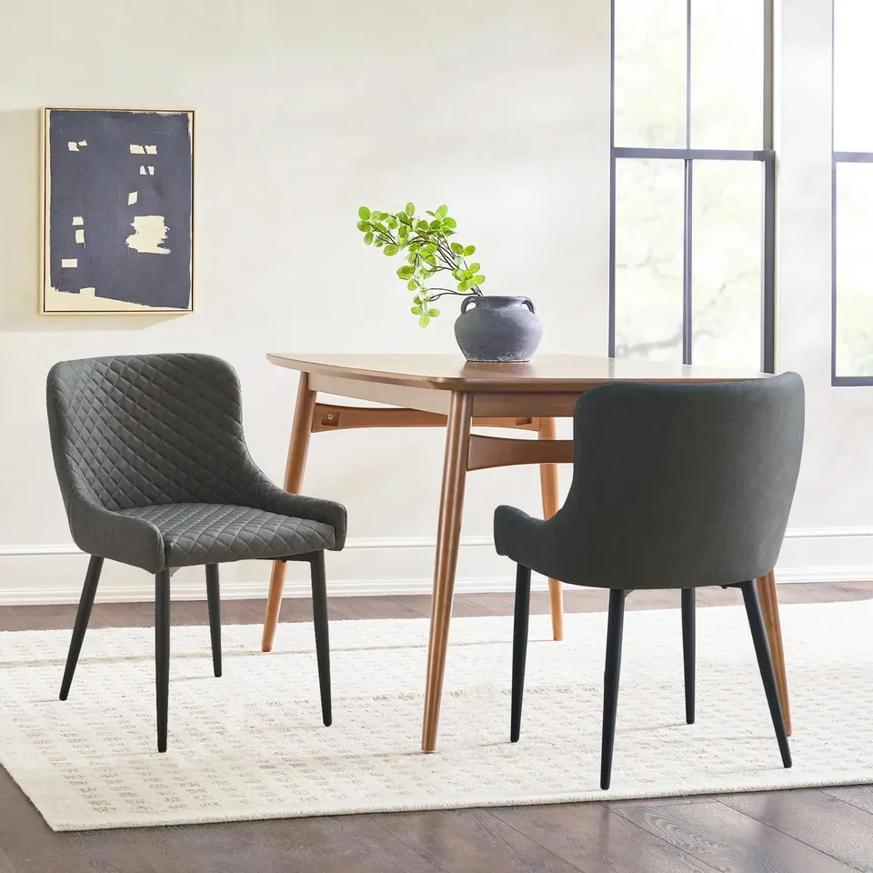 BOXED DESIGNER FAUX LEATHER GREY DINING CHAIRS SET OF 2 (1 BOX)