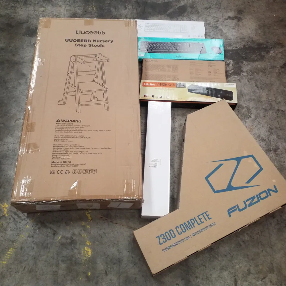 PALLET CONTAINING ASSORTED PRODUCTS INCLUDING NURSERY STEP LADDER, KEYBOARDS, OFFICE LAMINATOR, SHOWER RAIL & SCOOTER