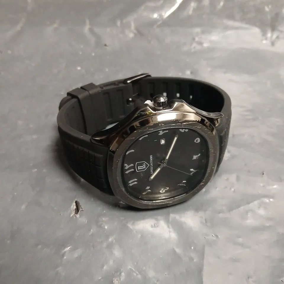 MENS LOUIS LACOMBE BLACK DIAL RUBBER STRAP WATCH