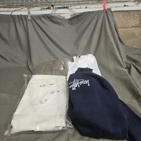 BOX OF APPROXIMATELY 20 ASSORTED CLOTHING ITEMS TO INCLUDE WHITE T SHIRT, BLUE HOODIE, WHITE JEANS, TROUSERS ETC