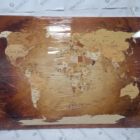 BOXED LANAKK WORLD MAP SPANISH GRAPHIC ART PRINT ON CANVAS IN BROWN 70 X 100CM