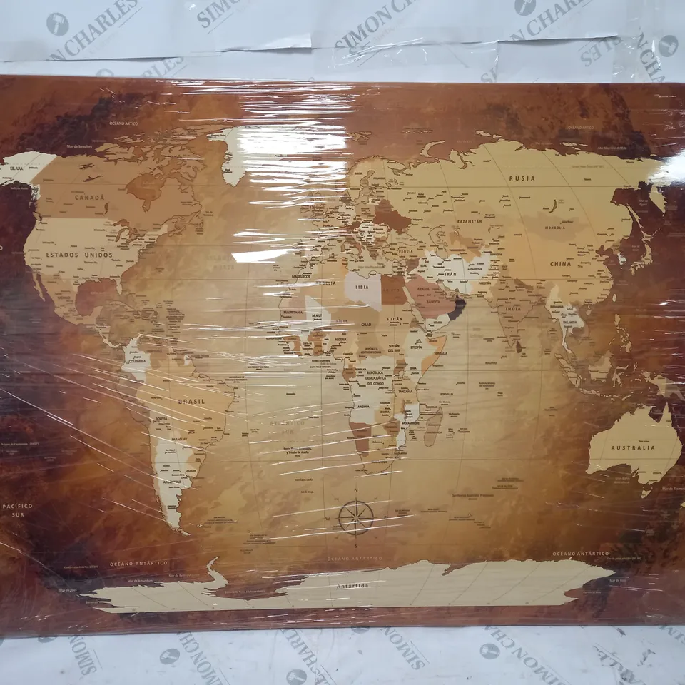 BOXED LANAKK WORLD MAP SPANISH GRAPHIC ART PRINT ON CANVAS IN BROWN 70 X 100CM