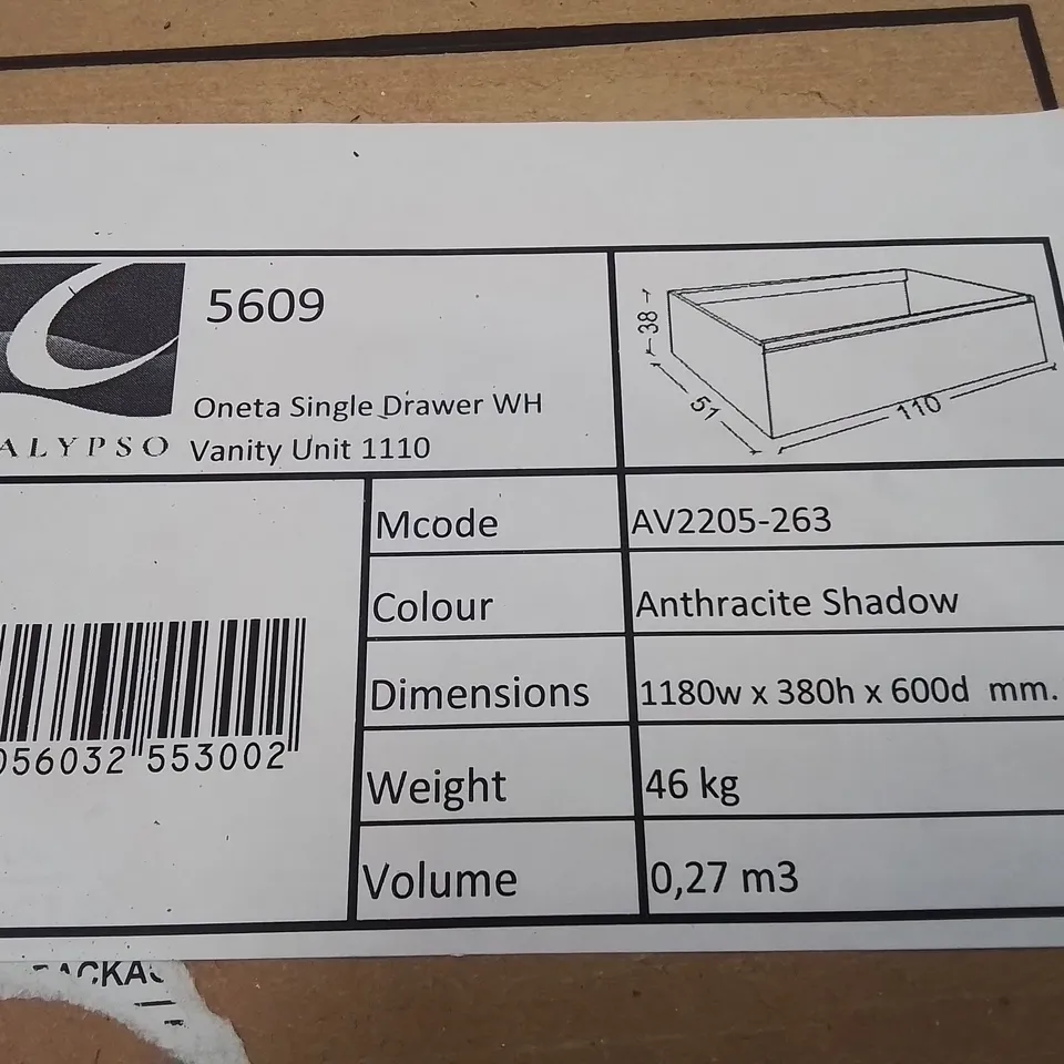 BOXED AS NEW CALYPSO ONETA SINGLE DRAWER WH VANITY UNIT IN ANTHRACITE SHADOW - 1180X380X600MM