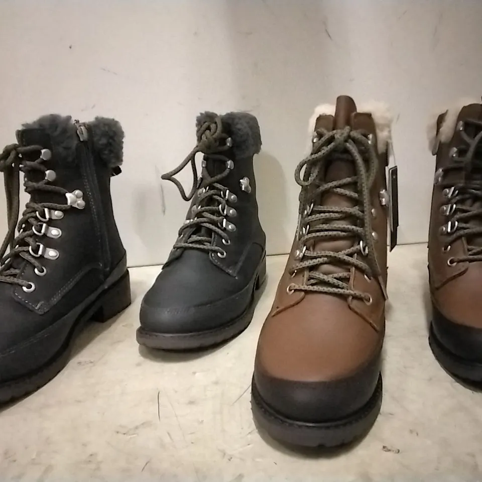 BOXED UNISEX EMU AUSTRALIA OKAB BOOTS , 1 PAIR BLACK  SIZE 3 , 3 PAIRS OAK ,  SIZE 9