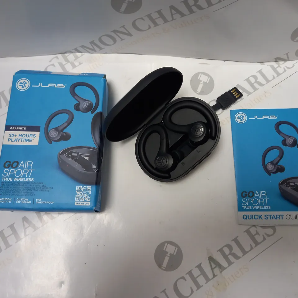 BOXED JLAB GO-AIR SPORT TRUE WIRELESS HEADPHONES WITH INTEGRATED USB CABLE AND INSTRUCTIONS