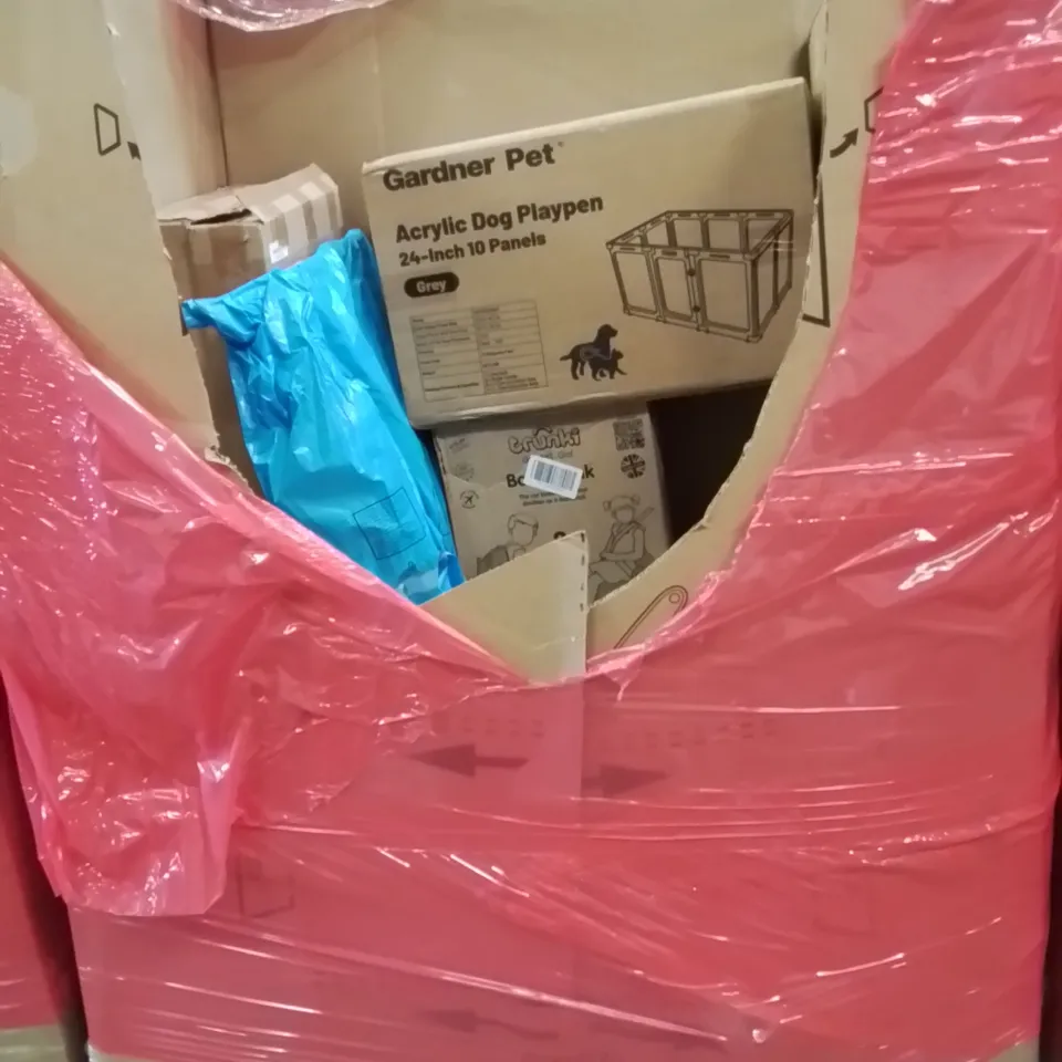 PALLET CONTAINING VARIOUS ASSORTED BOXED HOUSEHOLD ITEMS TO INCLUDE: DOG PLAYPEN, KIDS STROLLER AND MORE UNMARKED BOXED ITEMS 