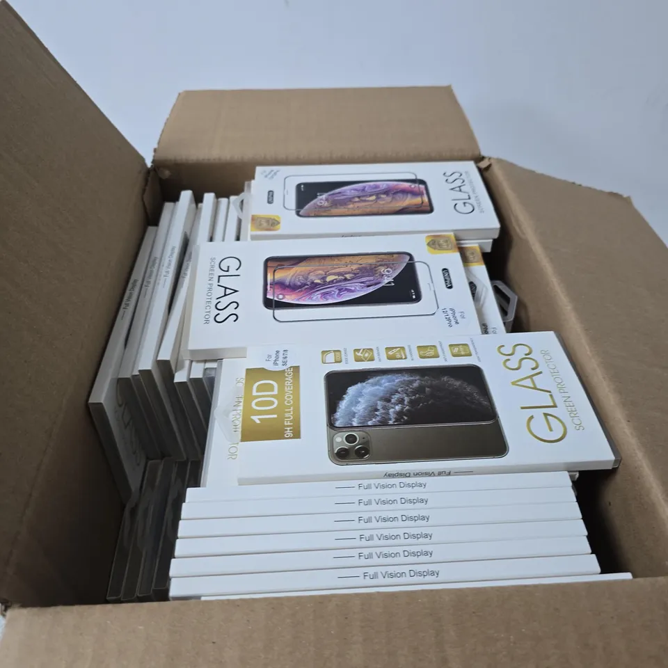 BOX OF APPROXIMATELY 50 ASSORTED IPHONE SCREEN PROTECTORS