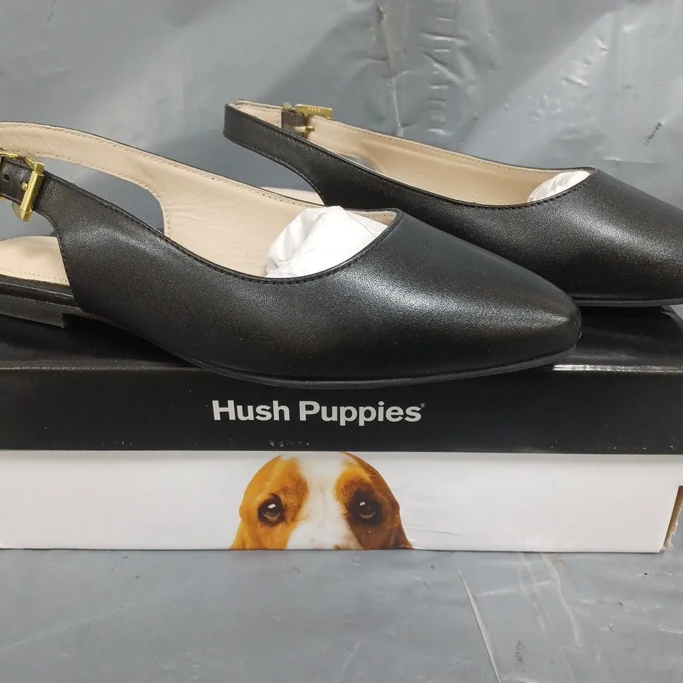 BOXED PAIR OF HUSH PUPPIES SLING BACK BALLERINA SHOES IN BLACK SIZE 6