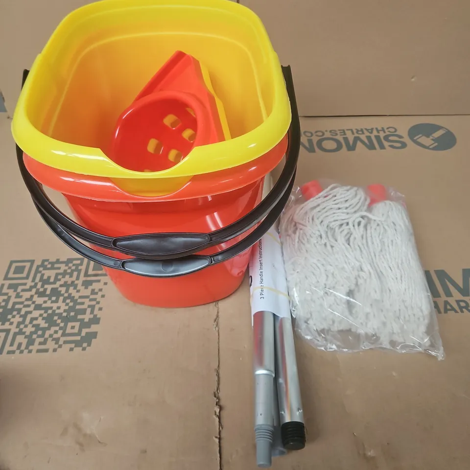 PAIR OF PLASTIC MOP & BUCKETS (RED & YELLOW)