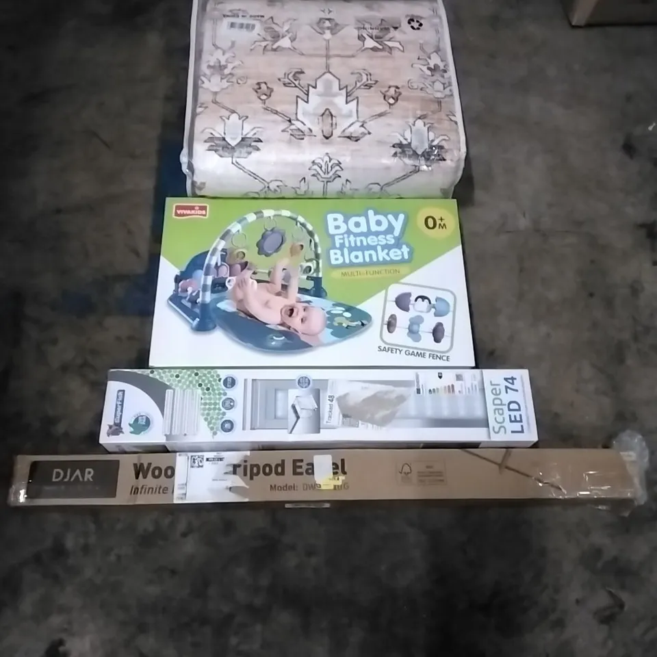 PALLET OF HOUSEHOLD ITEMS TO INCLUDE WOOD TRIPOD EASEL, SUPERFISH SCAPER LED 74,BABY FITNESS BLANKET,BAGGED  CARPET AND OTHER ASSORTED ITEMS...