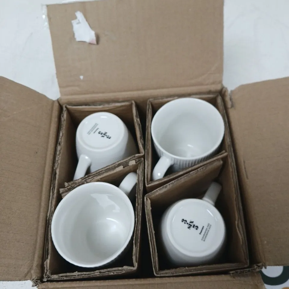 SET OF 4 WHITE CERAMIC MUGS BOXED WITH CARDBOARD DIVIDERS