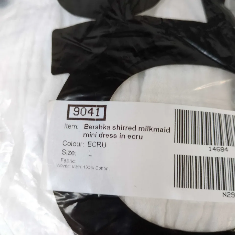 ASOS BERSHKA SHIRRED MILKMAID MINI DRESS IN ECRU – SIZE L. BAGGED