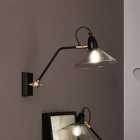 BOXED CANTON MATT BLACK METAL AND GLASS CONE WALL LIGHT