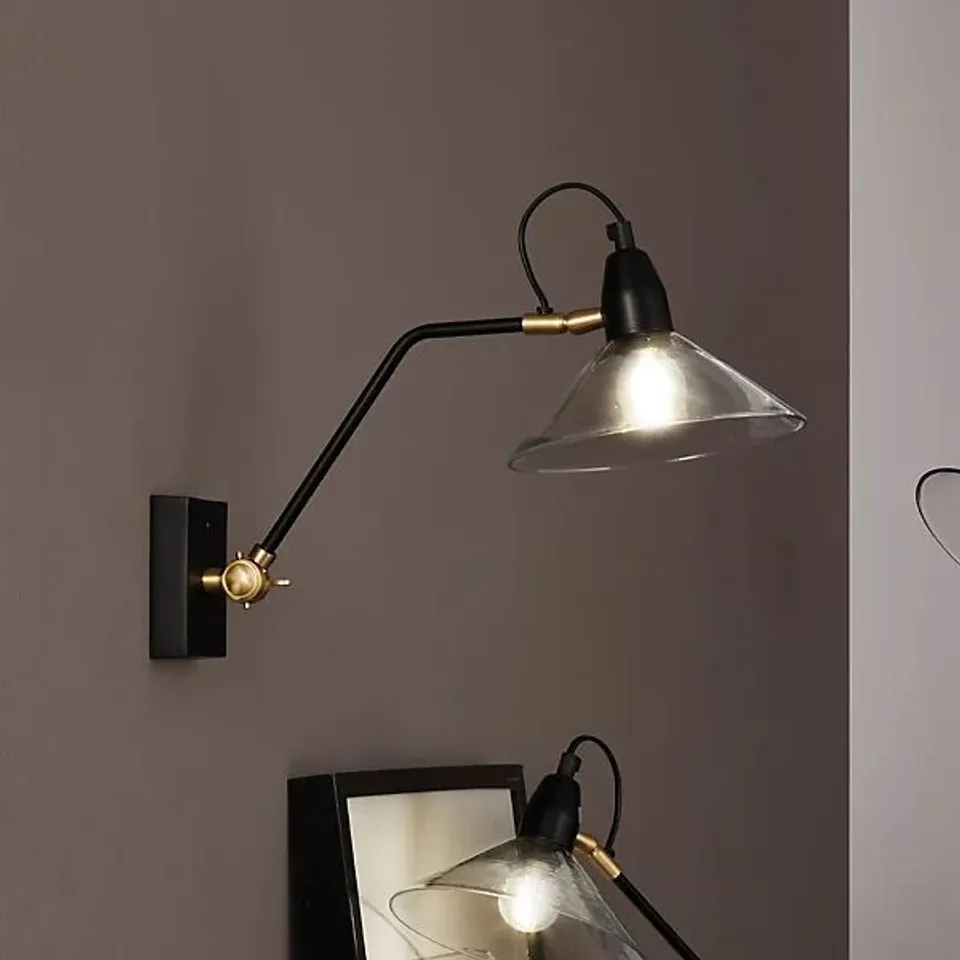 BOXED CANTON MATT BLACK METAL AND GLASS CONE WALL LIGHT