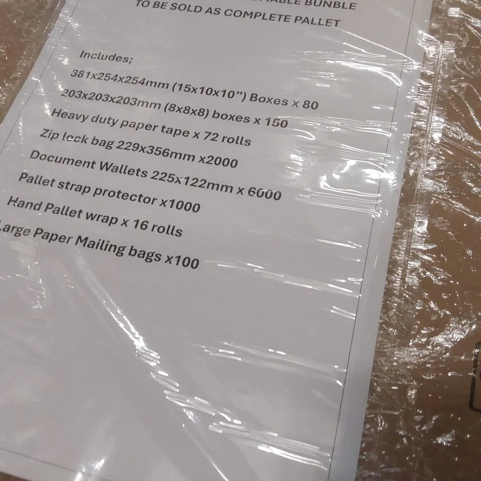 PALLET CONTAINING A LARGE QUANTITY OF ASSORTED ITEMS INCLUDING: BOXES, TAPE, PALLET WRAP ECT