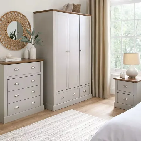 BOXED CRAWFORD 3 PIECE SET - 3 DOOR WARDROBE, 4 DRAWER CHEST AND 2 DRAWER BEDSIDE CHEST - LIGHT GREY (3 BOXES)