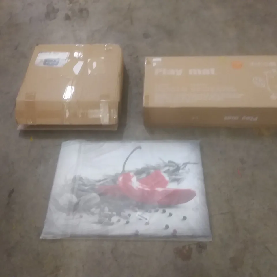 PALLET OF ASSORTED HOUSEHOLD PRODUCTS AND ITEMS, INCLUDING; PLAY MAT, CANVAS PRINT, PORTABLE FOLDABLE BATHTUB, BOXED FURNITURE ETC