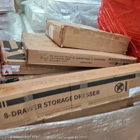 PALLET OF ASSORTED HOUSEHOLD GOODS AND PRODUCTS TO INCLUDE; COMPUTER DESK,STORAGE DRESSER,SINGLE BED