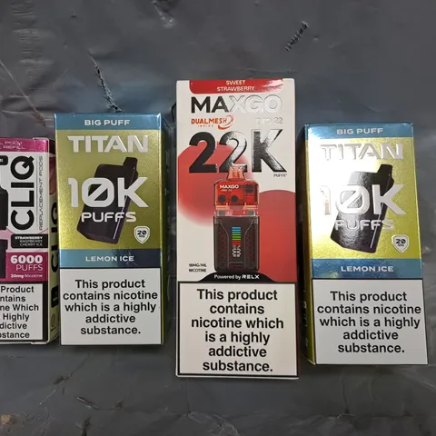 APPROXIMATELY 20 ASSORTED E-CIGARETTE AND VAPE ITEMS TO INCLUDE TITAN, MAXGO, CLIQ, ETC