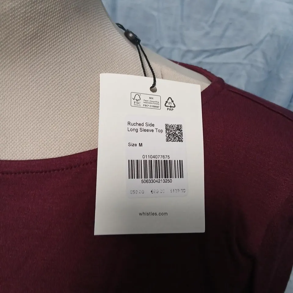 WHISTLES RUCHED SIDE LONG SLEEVE TOP – BURGUNDY, SIZE M