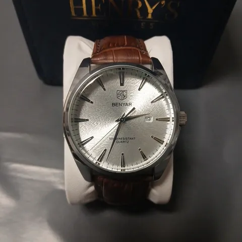 BENYAR BY-5163M ALL SOLID STAINLESS STEEL SILVER DIAL WATCH WITH BROWN STRAP