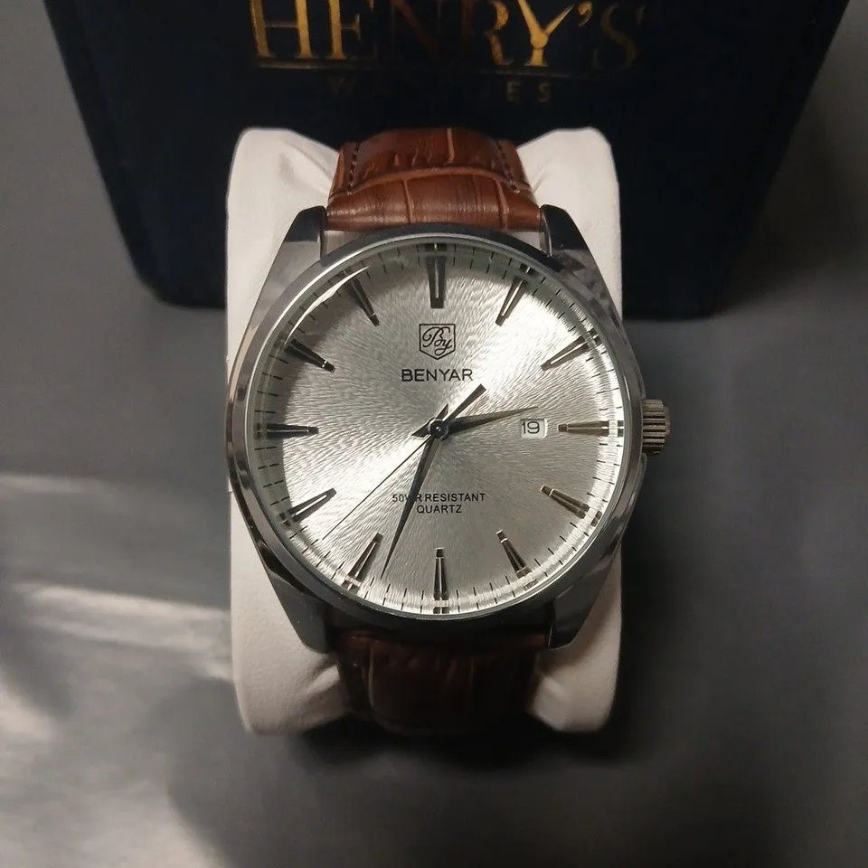 BENYAR BY-5163M ALL SOLID STAINLESS STEEL SILVER DIAL WATCH WITH BROWN STRAP