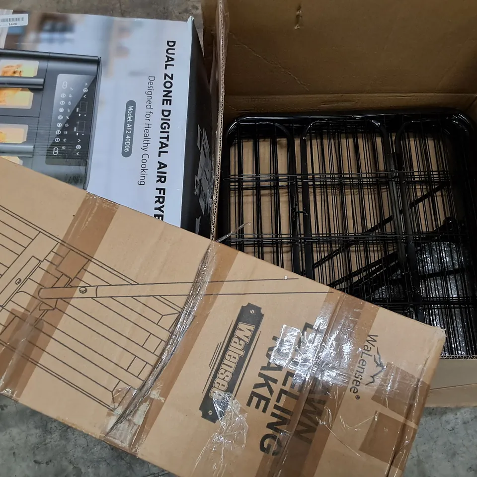 PALLET OF ASSORTED HOUSEHOLD ITEMS TO INCLUDE DIGITAL AIR FRYER, LEVELLING LAWN RACK AND METAL ANIMAL CRATE