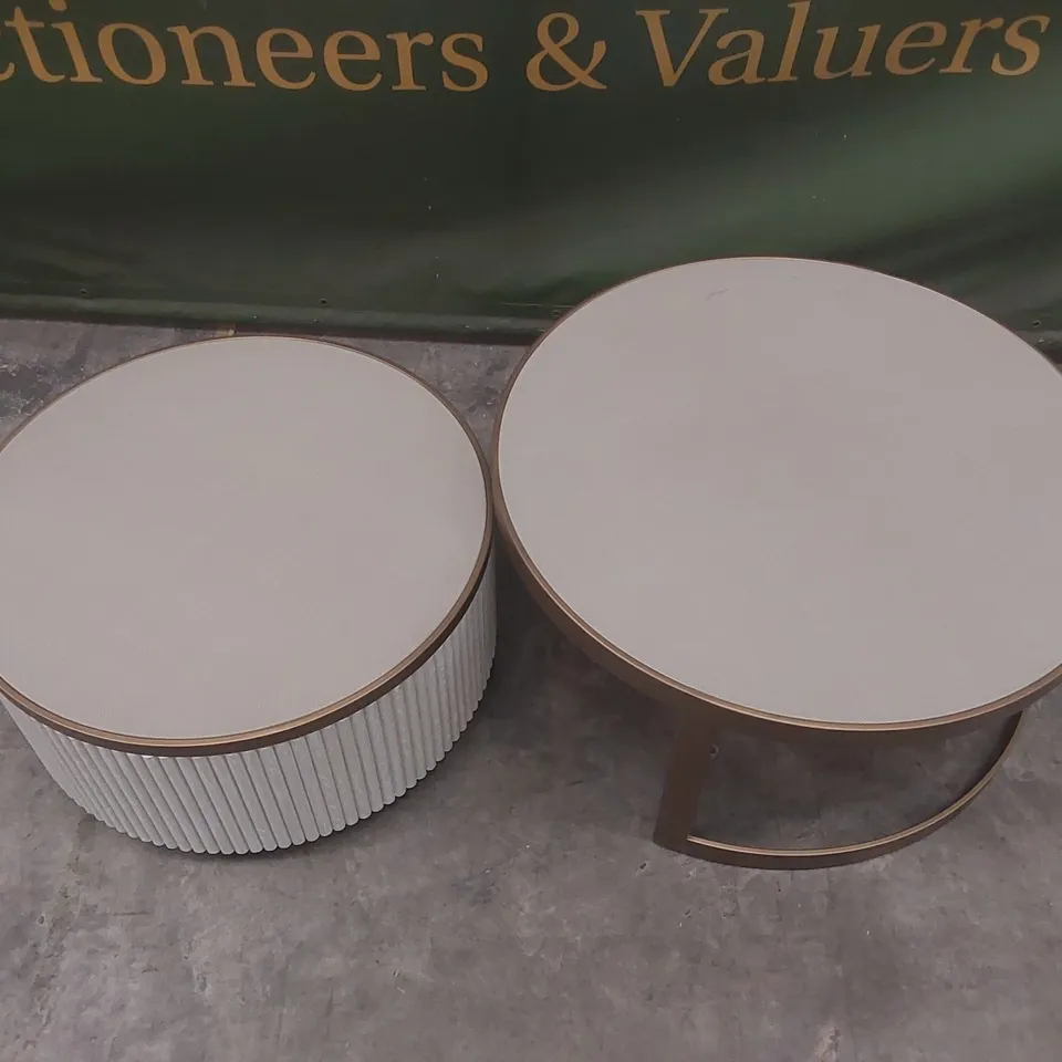 SERENITY IVORY AND BRASS REEDED SET OF 2 COFFEE TABLES
