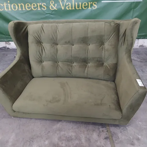 DESIGNER LUZERN TWO SEATER SOFA BUTTONED BACK GREEN PLUSH FABRIC