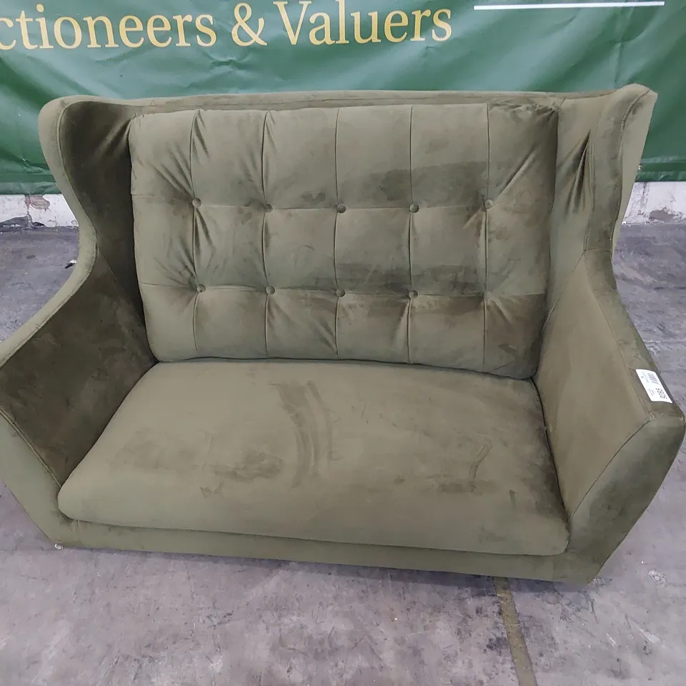 DESIGNER LUZERN TWO SEATER SOFA BUTTONED BACK GREEN PLUSH FABRIC